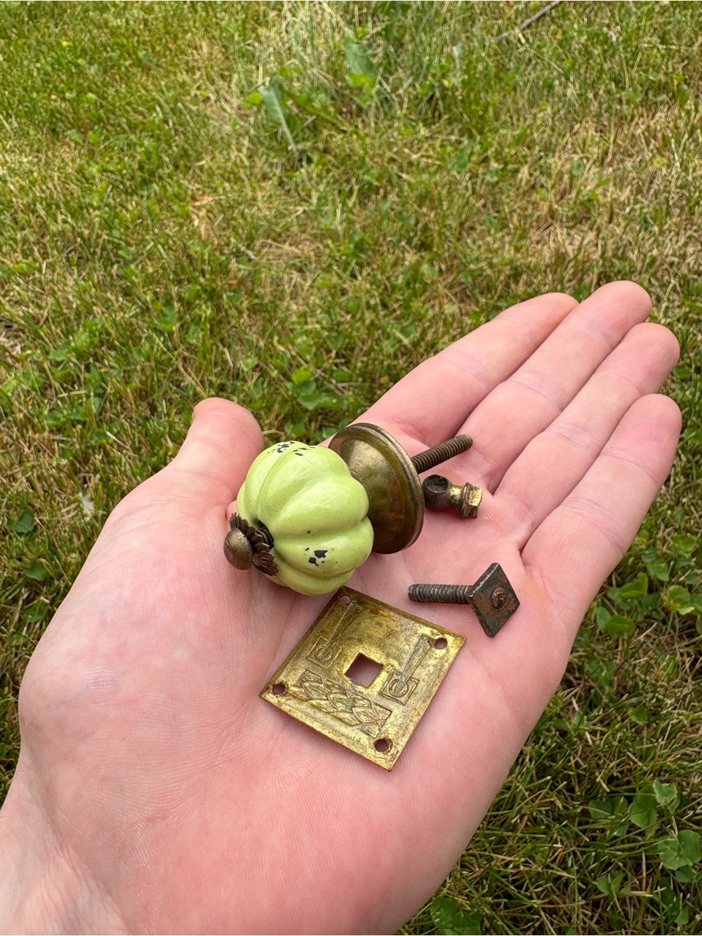 Green Pumpkin Ceramic Drawer Pull with Brass Hardware vintage